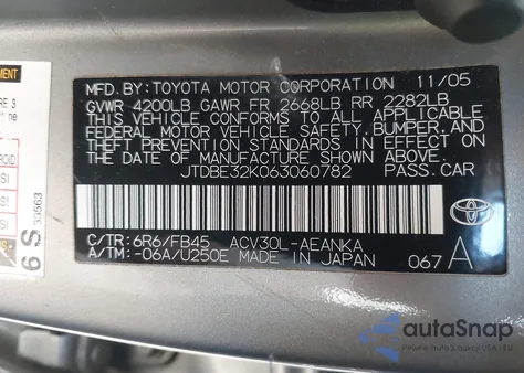 2006 Toyota Camry Le from USA, damaged, VIN JTDBE32K063060782